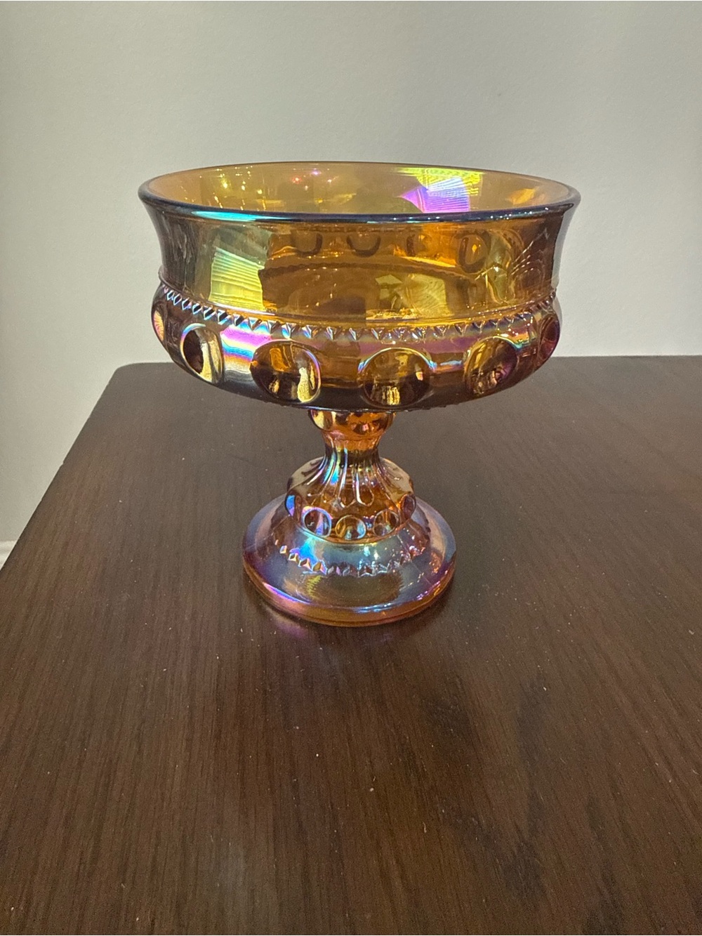 Amber Carnival Glass Compote Dish Iridescent Marigold Pedestal Candy Bowl